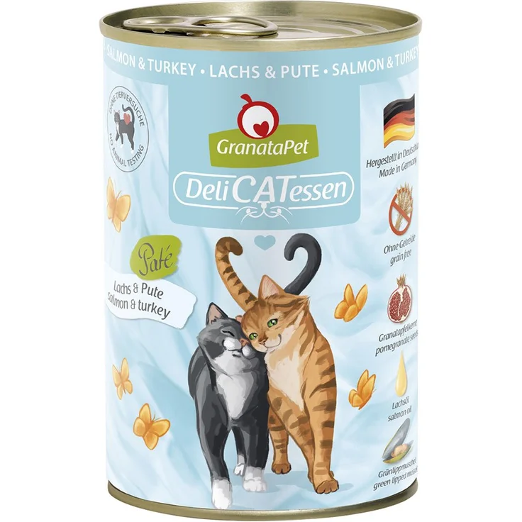 GranataPet DeliCATessen, Katzen-Nassfutter in Dose mit Lachs und Pute, 6x400g - Getreidefrei, hoher Fleischanteil, Granatapfelkerne, wertvolle Öle, Grünlippmuschel, Taurin
