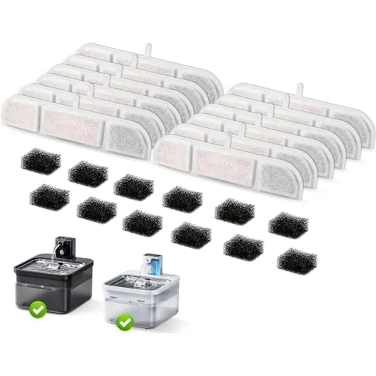 NautyPaws Katzenbrunnen Filter Set, 12 Stück Ersatzfilter und Schwämme mit Aktivkohle und Ionenaustauschharz, kompatibel mit 2.5L DownyPaws Trinkbrunnen für Katze Kabellos (DPWFP6)