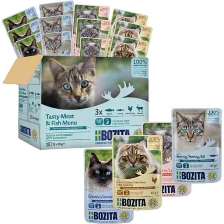 Bozita Nassfutter Häppchen in Sauce mit Fisch und Fleisch, 12x85g getreidefreies & weizenfreies Katzennassfutter für erwachsene Katzen mit 8,5% Protein & 4,5% Fettgehalt – Bild 2