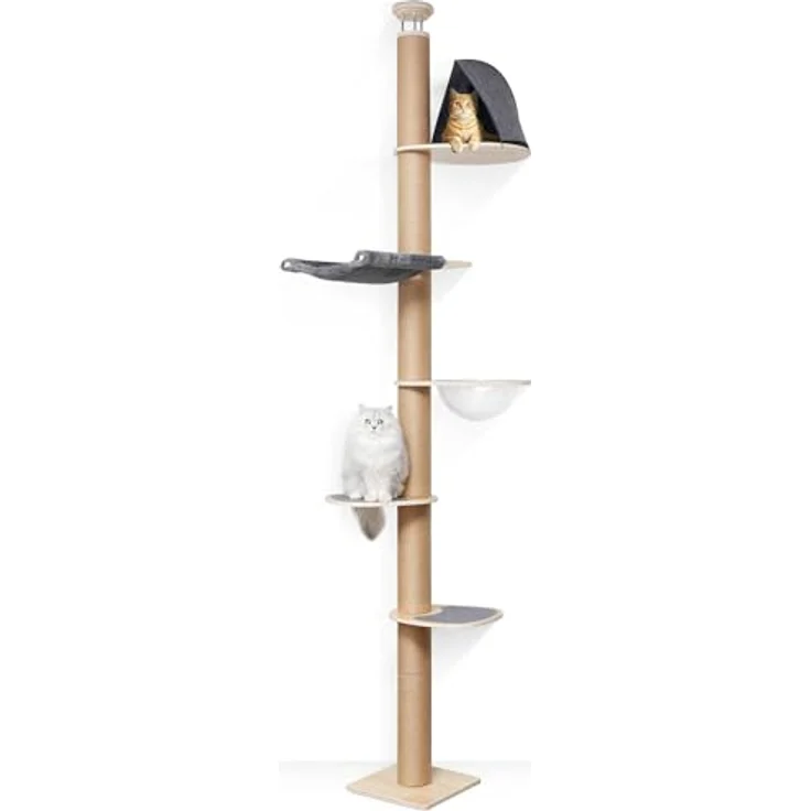 FUKUMARU Kratzbaum 6 Etagen, wandmontierter Katzenturm aus natürlichem Gummibaumholz, mit transparenter Raumkapsel und Hängematte, höhenverstellbar 220-300cm, grau – Bild 1