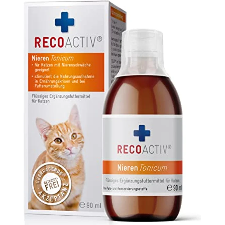 RECOACTIV Nieren Tonicum für Katzen, flüssiges Ergänzungsfuttermittel mit hochwertigem Protein, 90 ml, zur Unterstützung der Nierenfunktion und Appetitsteigerung – Bild 1