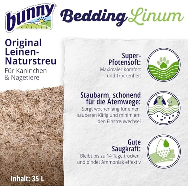 bunnyNature Bedding Linum 35l, Natur-Leinenstreu mit hoher Saugkraft, umweltfreundlich und bis zu 14 Tage Geruchskontrolle – Bild 2