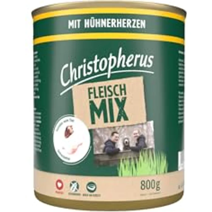 Christopherus Fleischmix mit Hühnerherzen, Getreidefreies Nassfutter für Hunde, 6 x 800 g – Bild 2