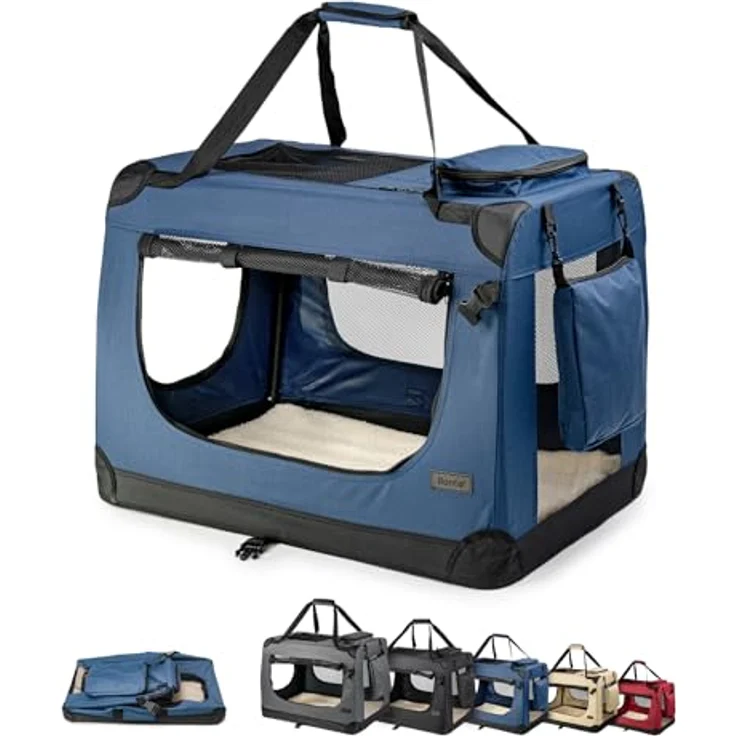 lionto Tiertransportbox Transportbox für Hunde & Katzen, 50 cm x 36 cm x 34 cm, blau, faltbar mit Stahlrohren, inkl. Liegekissen und Utensiltaschen – Bild 1