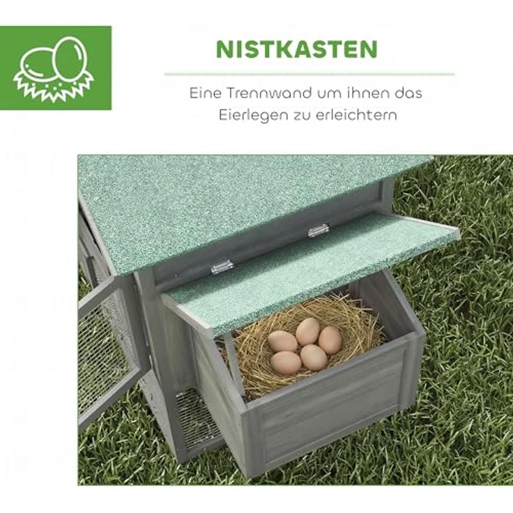 PawHut Hühnerstall Hühnerhaus mit Freilaufgehege, Nistkasten, Rampe und herausziehbarem Tablett, für 2-4 Hühner, grau – Bild 5