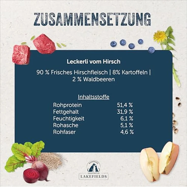 Lakefields Hundeleckerli, Trockenfleischwürfel vom Wild, 90% Hirschfleisch, getreidefrei mit Kartoffeln & Waldbeeren, 50g, ohne Zusätze – Bild 5