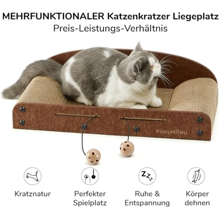 FUKUMARU 53.3 cm Katzenkratzer Karton, Langlebiges Kratzbett mit Glockenball Spielzeug, Recycelbare Katzenkratzpads für Indoor Katzen – Bild 2