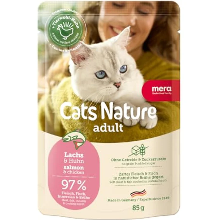 MERA Cats Nature Lachs, Premium Katzenfutter Nass, 12x85g, hoher Fleischanteil ohne Zucker und Getreide, für adulte Katzen, glutenfrei, hergestellt in Deutschland – Bild 1