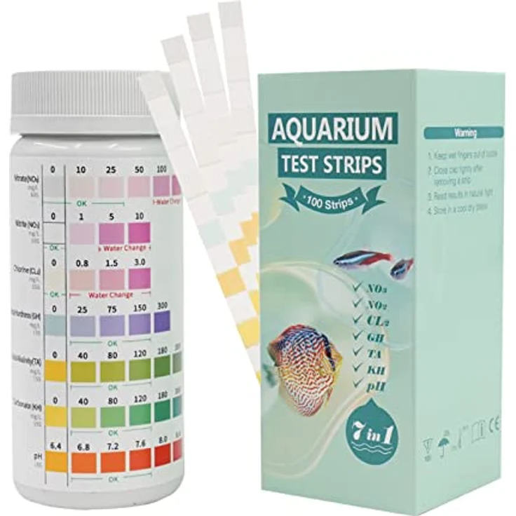 Cozii 7 in 1 Aquarium Teststreifen, 100 Teststreifen zur Wasserprüfung von pH, Nitrit, Nitrat, Gesamthärte, freiem Chlor, Gesamtalkalität und Karbonat für Salzwasser und Süßwasser Aquarien – Bild 1