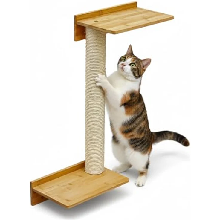 EYEPOWER 71 cm Wandkratzbaum Milo, Kletterbaum mit 2 Plateaus, Wandhalterung, Sisalstämme und massive Bambusplatte für Katzen – Bild 1