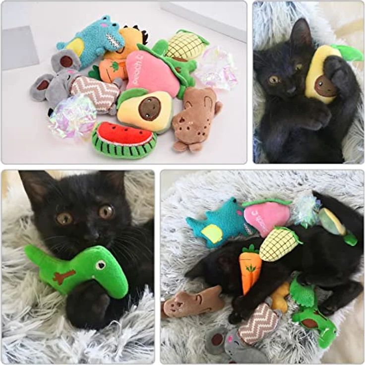 onebarleycorn Katzenminze Katzenspielzeug Set, 12-teilig mit Plüsch Katzenkissen und Knisterbällen, verschiedene Designs und Farben – Bild 2