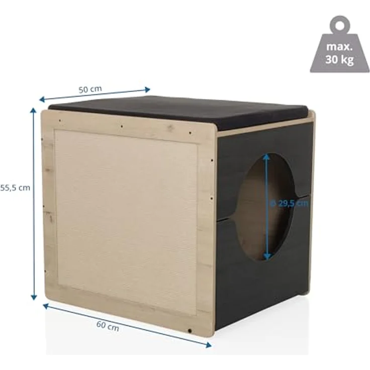hjh LIVING Kitty PAWBOX 2 Katzenhaus, 50x60x55,5 cm, Schrank für Katzenklo und Katzenbett, belastbar bis 30 kg, Schwarz/Eiche, mit Kratzbrett und waschbarem Polster – Bild 4