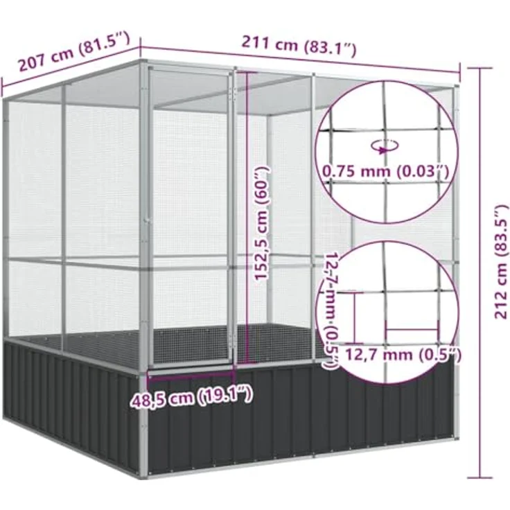 vidaXL Voliere, Vogelvoliere aus verzinktem Stahl mit Flügeltür, Haustierkäfig für Vögel, Kaninchen, Enten und Hühner, silber – Bild 3