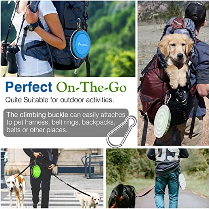 Pawaboo Faltbarer Hundenapf, 2 Stück, 450ml, auslaufsicher mit Deckel und Karabiner, tragbar für Hunde und Katzen, Blau + Grün – Bild 3