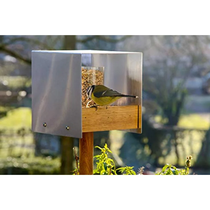 Hochwertiges Design-Vogelhaus ''Industrie-Bauhaus'' mit Futtersilo, Wildvogel-Futterstation inkl. Ständer, 15 x 16 x 16 cm, Eiche – Bild 10