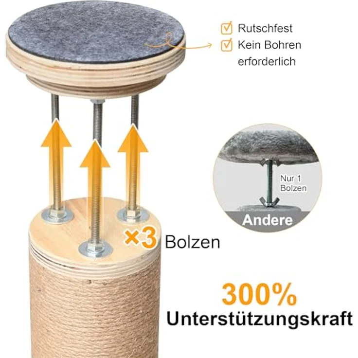 FUKUMARU Kratzbaum 6 Etagen, wandmontierter Katzenturm aus natürlichem Gummibaumholz, mit transparenter Raumkapsel und Hängematte, höhenverstellbar 220-300cm, grau – Bild 5