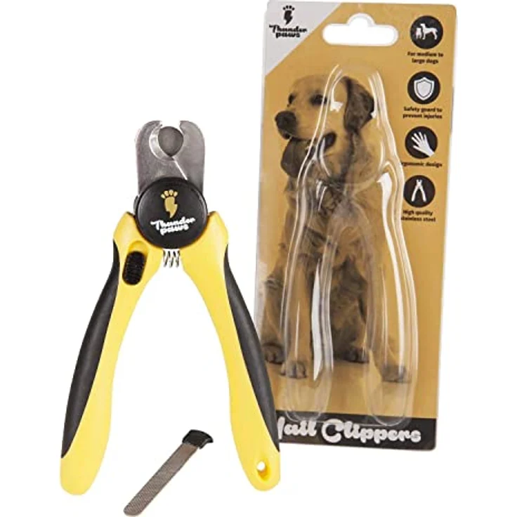 Thunderpaws Professionelle Krallenschere für Hunde, Edelstahlklingen, ergonomische Gummigriffe, Sicherheitsschloss, Nagelfeile, Mittel bis Groß, Gelb – Bild 1