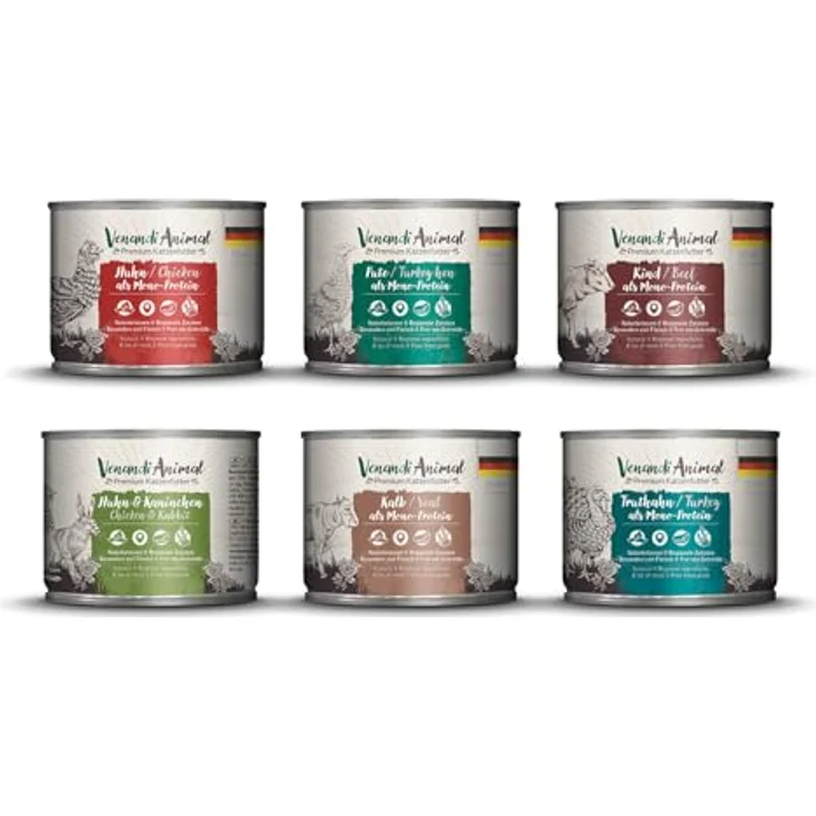Venandi Animal Premium Nassfutter für Katzen, Probierpaket III, getreidefrei und naturbelassen, 6 x 200 g (Huhn, Pute, Rind, Huhn + Kaninchen, Kalb, Truthahn), 1.2 kg, MADE IN GERMANY – Bild 1