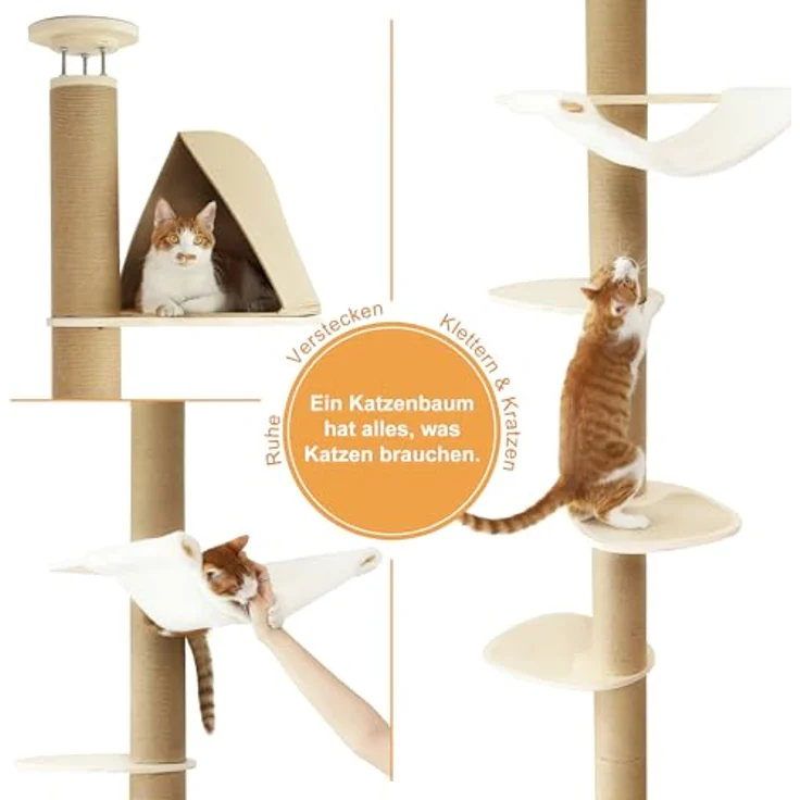 FUKUMARU Kratzbaum 6 Etagen, bis zur Decke reichender Katzenbaum (282-305cm), wandmontiert, aus Gummibaumholz, mit Katzenversteck-Zelt und Hängematte, beige – Bild 3