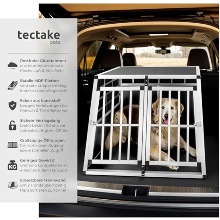 tectake® Doppel Hundebox Auto XL, Aluminium Transportbox für 2 Hunde, leicht und stabil, mit Trennwand - 97 x 90 x 69,5 cm – Bild 2