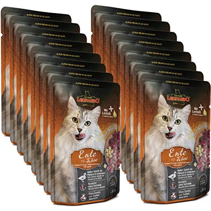 Leonardo Nassfutter für Katzen im Frischebeutel, Ente + Käse, 16x85g, hochwertige Rezeptur für futtersensible Katzen, ohne Zuckerzusatz – Bild 1