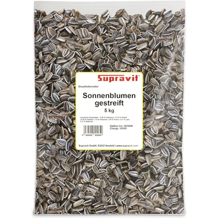 Supravit Sonnenblumenkerne gestreift 5kg, Premium Vogelfutter für Gartenvögel, energiereiches Wildvogelfutter & Streufutter, ungeschält, ganzjährigen Einsatz geeignet – Bild 1