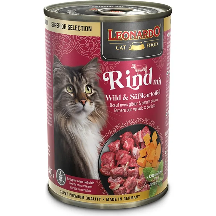Leonardo Rind mit Wild und Süßkartoffel, Katzen-Nassfutter, 24x400g, Super Premium ohne Getreide und Zucker