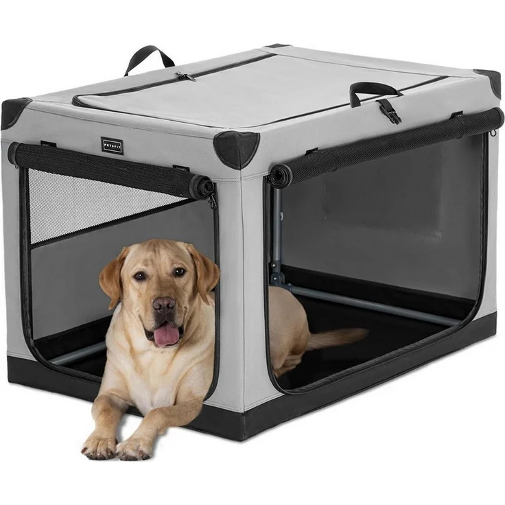 LuxusKollektion Faltbare Hunde-Transportbox grau (gris chiné 14), 91 cm L x 61 cm W x 59 cm H, mit drei Türen und stabiler Konstruktion