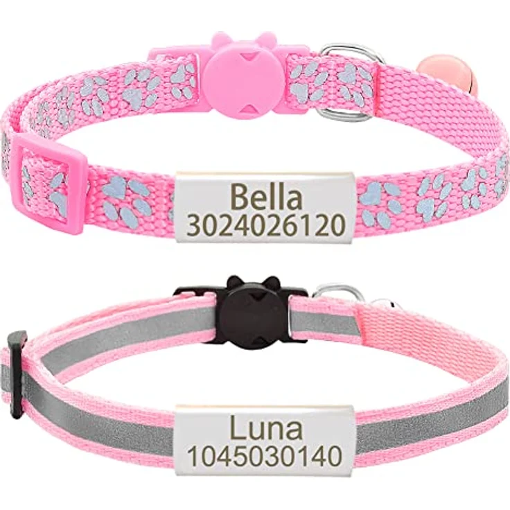 Senristar Personalisiertes 2er Set Reflektierende Katzenhalsbänder mit Namensschild und Glocke, Sicherer Breakawayverschluss, Schwarz/Silber, Verstellbar für Erwachsene Katzen und Welpen – Bild 1