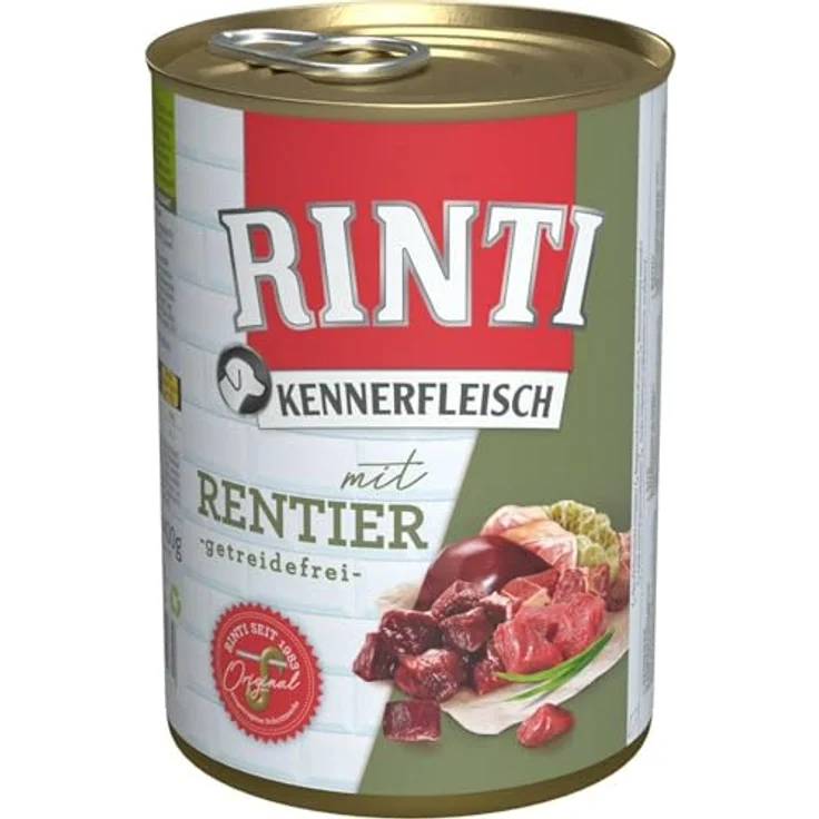 RINTI Kennerfleisch Nassfutter für ausgewachsene Hunde, 70% Fleisch, getreidefreies Alleinfutter, 12x400g Rentier, ohne Soja und Konservierungsstoffe