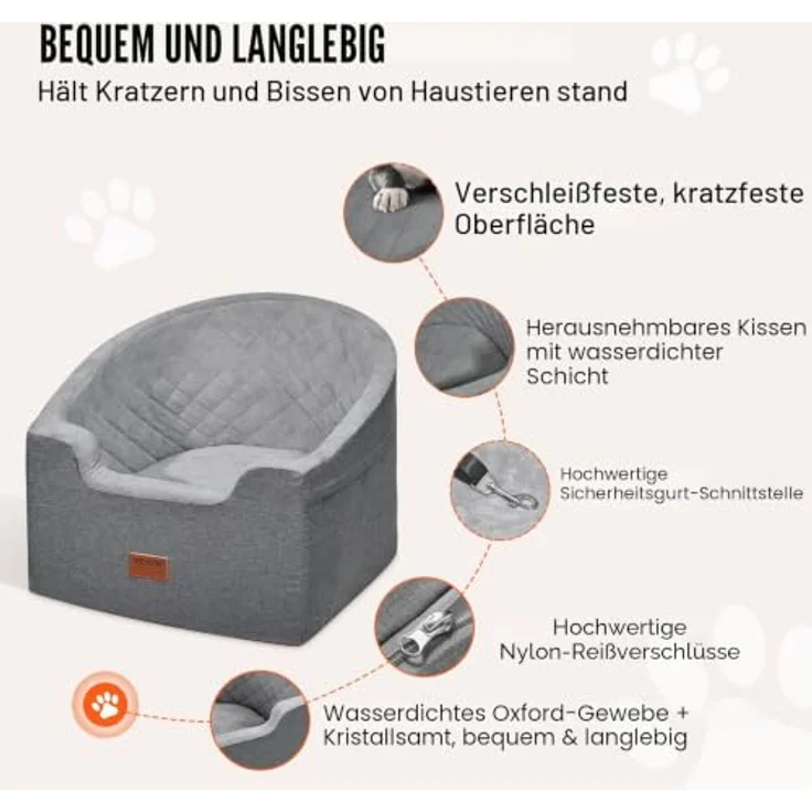 VEVOR Hunde Autositz, 560 x 508 x 410 mm, mit Aufbewahrungstasche, Sicherheitsleine und Schwammfüllung, für kleine und mittelgroße Hunde bis 25 kg, Grau – Bild 3