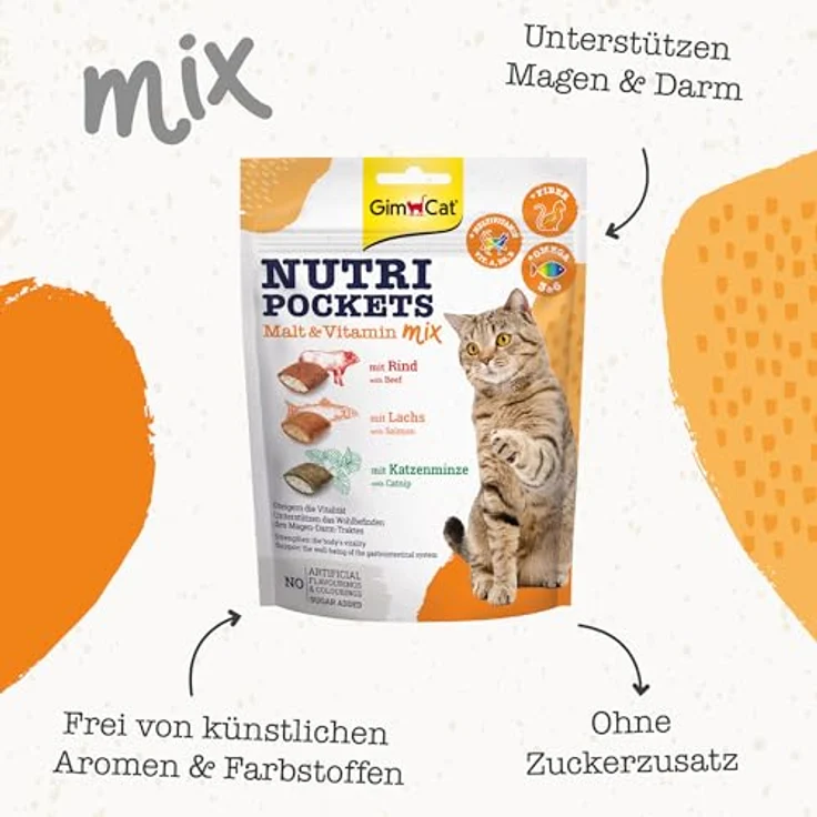 GimCat Nutri Pockets Malt & Vitamin Mix, Knuspriger Katzensnack mit cremiger Füllung und funktionalen Inhaltsstoffen, 150 g Beutel – Bild 2