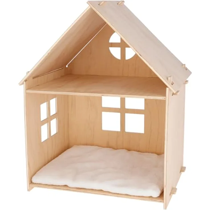 Kerbl Pet Indoor Katzenhaus Yvi, zweistöckige Katzenhütte aus Sperrholz, weiß mit herausnehmbarem Liegekissen, 53x38x67,5cm