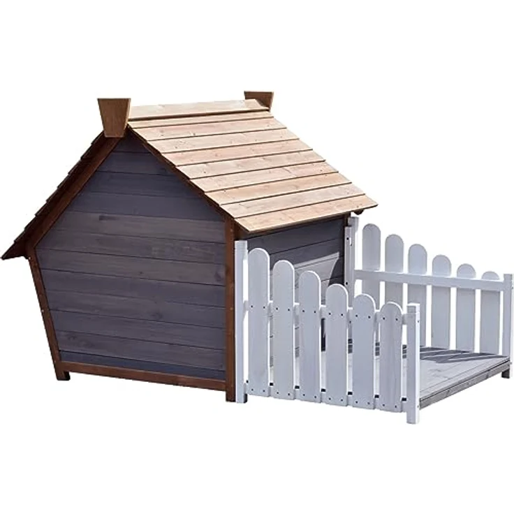 dobar® Große Hundehütte Porch, wetterfeste Holzhütte für mittelgroße Hunde mit Veranda, Spitzdach, 146,3 x 90 x 96 cm, Grau – Bild 3
