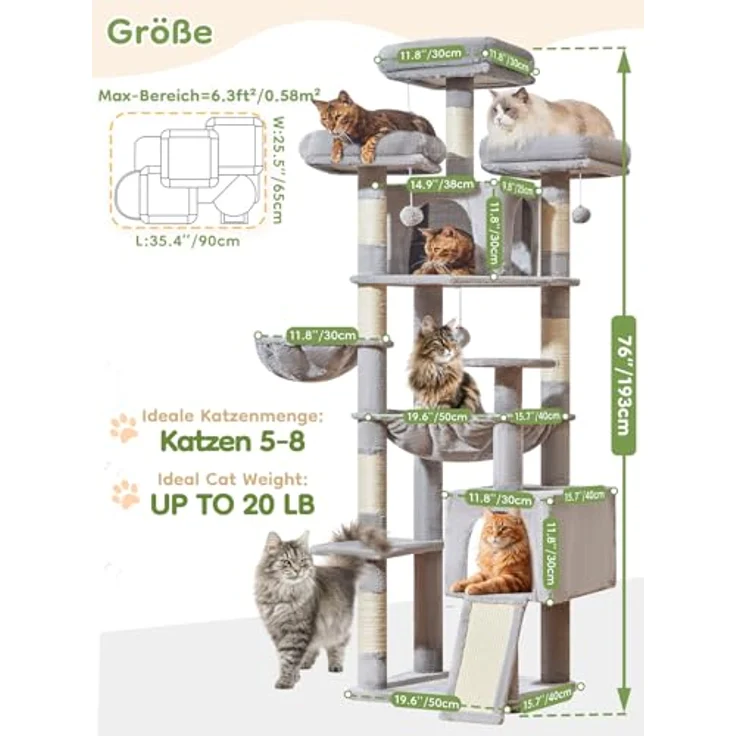 Taoqimiao 193cm Kratzbaum XXL, Multi-Level Katzenbaum für große Katzen mit 3 Plattformen, Sisal-Kratzpfosten und verschiedenen Ruhemöglichkeiten, MS047W – Bild 3