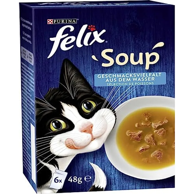 Felix Soup Katzensuppe Geschmacksvielfalt, mit Kabeljau, Thunfisch und Scholle, 6 x 48 g, ohne künstliche Zusatzstoffe