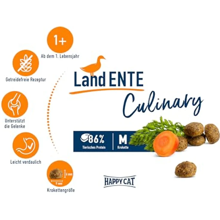 Happy Cat 70566 Culinary Adult Land Ente, getreidefreies Katzen-Trockenfutter für ausgewachsene Katzen, 1,3 kg, mit hochwertiger Land-Ente und Karotte – Bild 3
