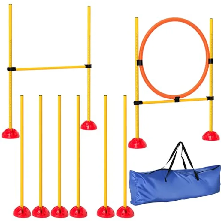 PawHut Agility Set, 3-teiliges höhenverstellbares Trainingsset mit Sprunghürde, Sprungring und Slalomstangen, Orange-Gelb, befüllbar für Koordinationstraining
