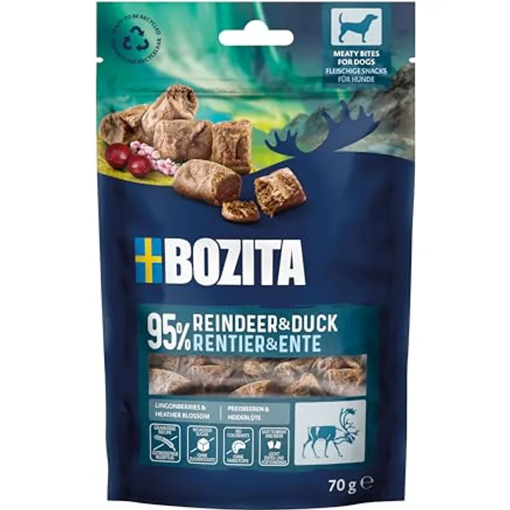 Bozita Meaty Bites Hundesnack, 95% Rentier & Ente, 70 g, getreidefrei, ohne Huhn & Glyzerin, ideale Trainingsleckerlis für Hunde