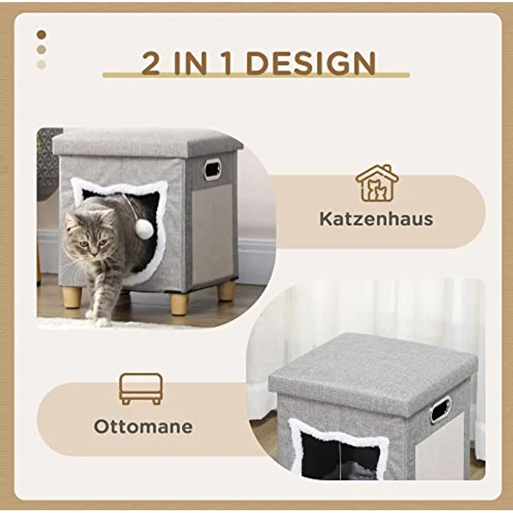 PawHut Katzenhöhle, Katzenhaus mit Kissen und Kratzmatte, grau, 35,5 x 35,5 x 42,5 cm, anti-rutsch mit Spielball – Bild 3