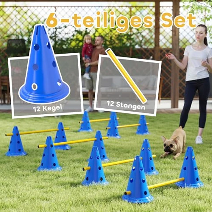 PawHut Agility Set Hunde, 6-teiliges Agility Ausrüstung mit 12 Kegeln, höhenverstellbar und tragbar, blau – Bild 3