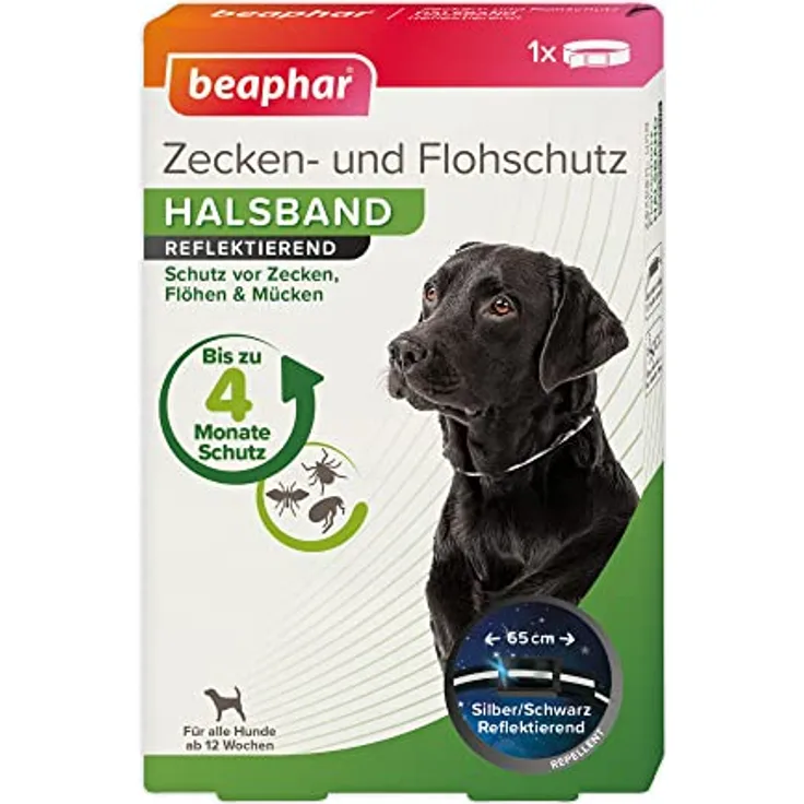 Beaphar Zecken- und Flohschutz Halsband reflektierend für Hunde, 65cm, wetterfest, 4 Monate Schutz