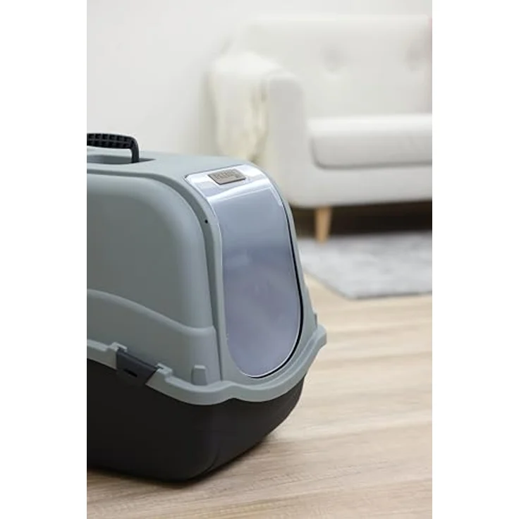 Kerbl Katzentoilette Emma Eco XL, Katzentoilette aus 100 % recyceltem Kunststoff mit Deckel, 65x44x46 cm, schwarz/grüngrau, inkl. Tür und Geruchsfilter – Bild 3