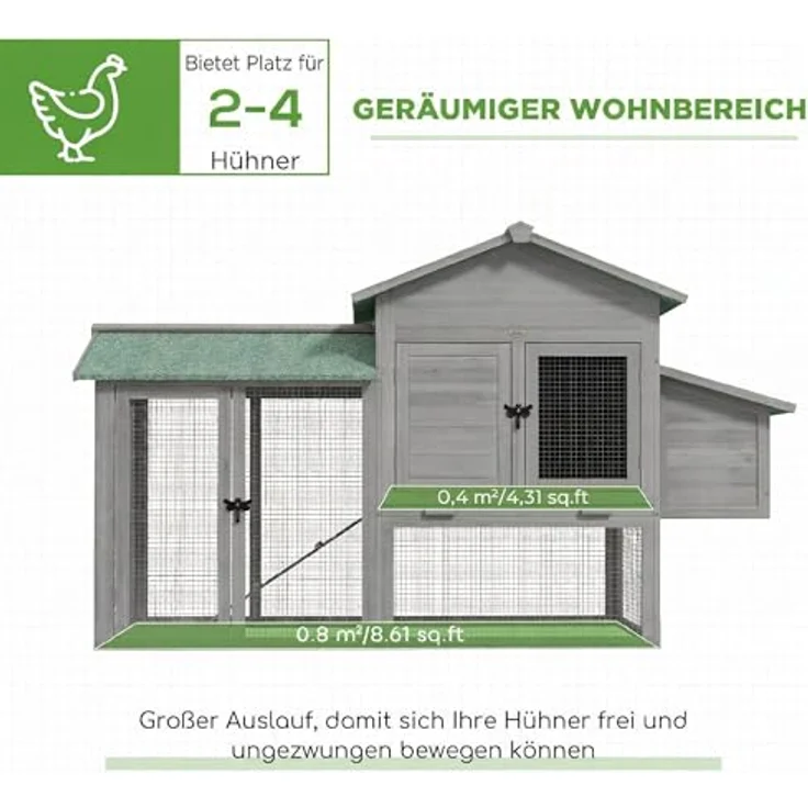 PawHut Hühnerstall Hühnerhaus mit Freilaufgehege, Nistkasten, Rampe und herausziehbarem Tablett, für 2-4 Hühner, grau – Bild 3