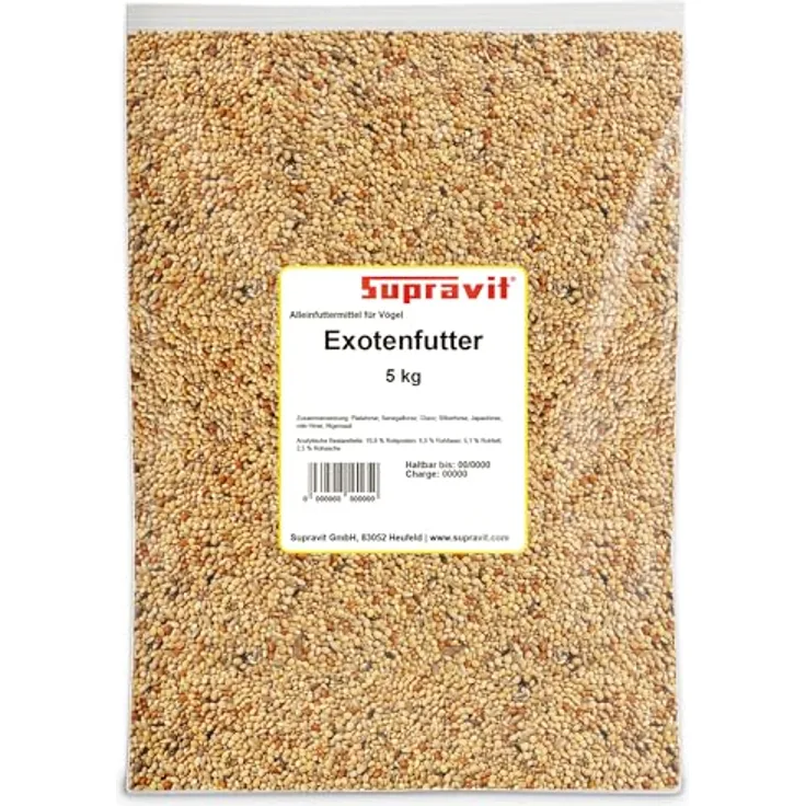 Supravit Exotenfutter 5kg, hochwertiges Mischfutter für exotische Finken mit Hirse und Saaten, kräftigt das Federkleid und unterstützt die Paarungsbereitschaft