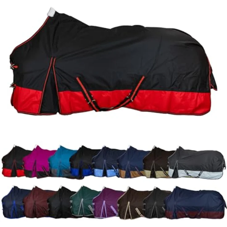 RL24 Winterdecke Weidedecke 600D Basicline, atmungsaktive Wind- & wasserdichte Outdoordecke mit Innenfutter & Kreuzbegurtung, Pferdedecke Schwarz/Rot, 85cm (200g/m² Füllung) – Bild 1