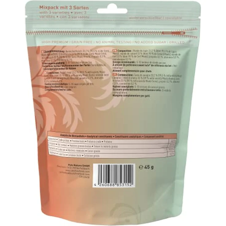 Catz Finefood Meatz Wild Mix, Katzensnack mit Kaninchen, Ente und Hirsch, 45g, ohne Getreide- und Zuckerzusatz – Bild 3