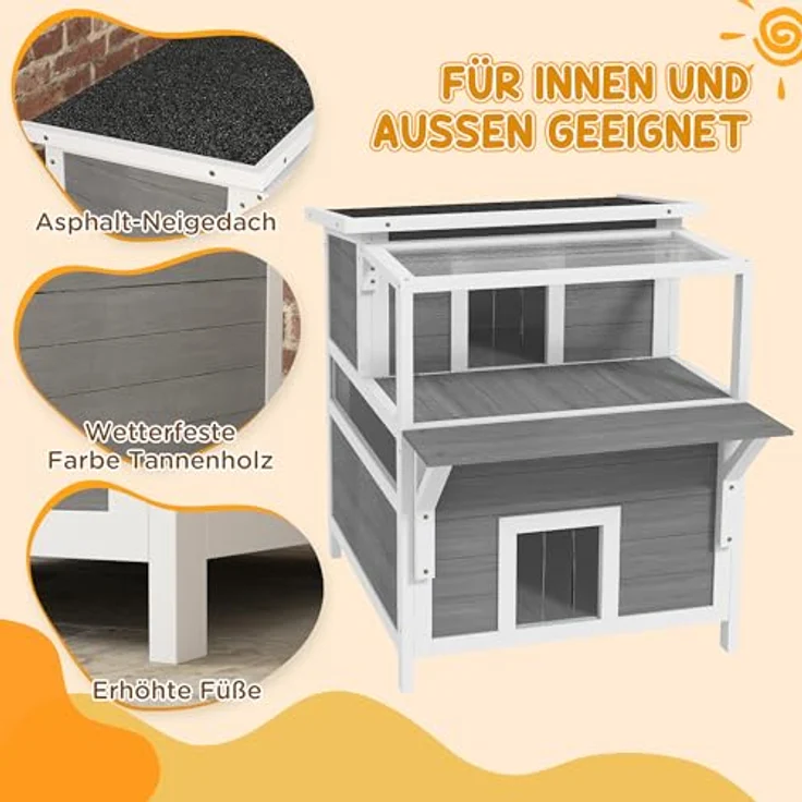 PawHut Katzenhütte, Katzenhaus aus Tannenholz mit Balkon und Eingängen, Outdoor, bis 5 kg, 64 x 87 x 76 cm, Hellgrau – Bild 3