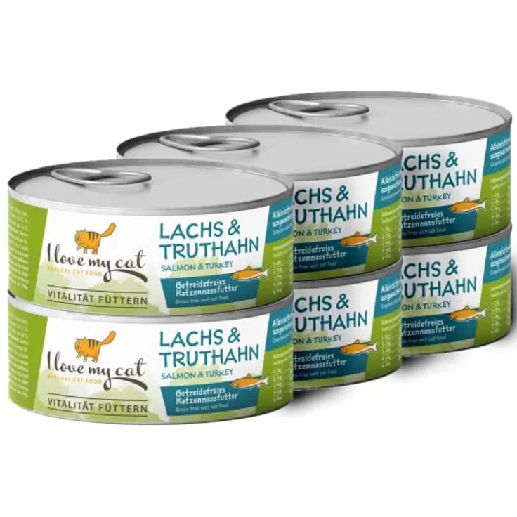 I love my cat NATURAL CAT FOOD Katzenfutter Nass mit Lachs und Truthahn, getreidefrei, 6x100g