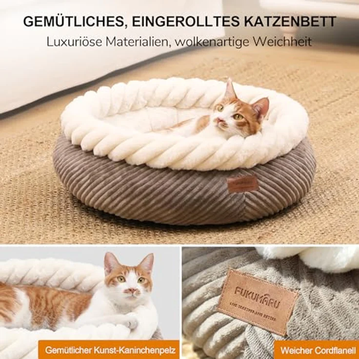 FUKUMARU Katzenbett waschbar, 55x55x21cm Katzenkorb mit erhöhtem Rand, weiches Cord, rutschfeste Unterseite, groß, kamelfarben – Bild 3